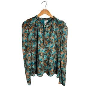 Joie Blouse Leaves Long Sleeve Fall Green Swiss Dots Size Medium Lined Foliage